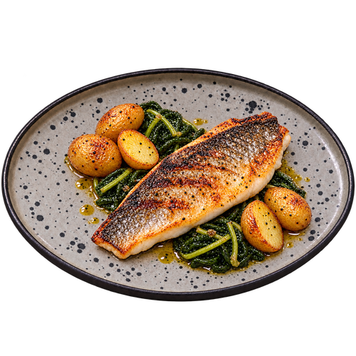 Menu Four | Grilled sea bass fillet, served with Cretan greens with vinaigrette and baby potatoes