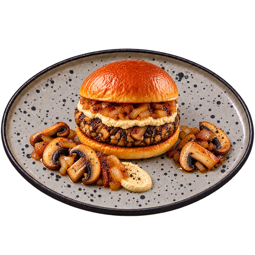 Vegan One | Mushroom burger with hummus & caramelized onions